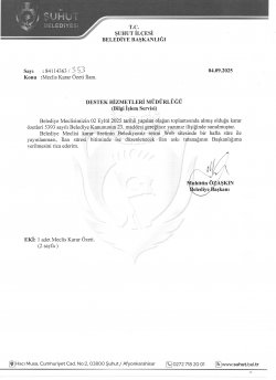 ŞUHUT BELEDİYE MECLİS TOPLANTISI EYLÜL AYI KARAR ÖZETLERİ 05.09.2025 TARİHİNDEN İTİBAREN YAYINLANMIŞTIR