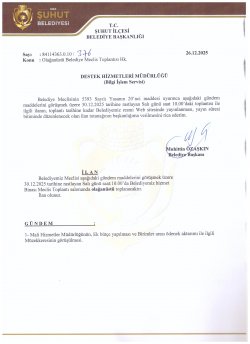 ŞUHUT BELEDİYE MECLİSİ OLAĞANÜSTÜ TOPLANTI GÜNDEMİ 26.12.2025 TARİHİNDEN İTİBAREN YAYINLANMIŞTIR